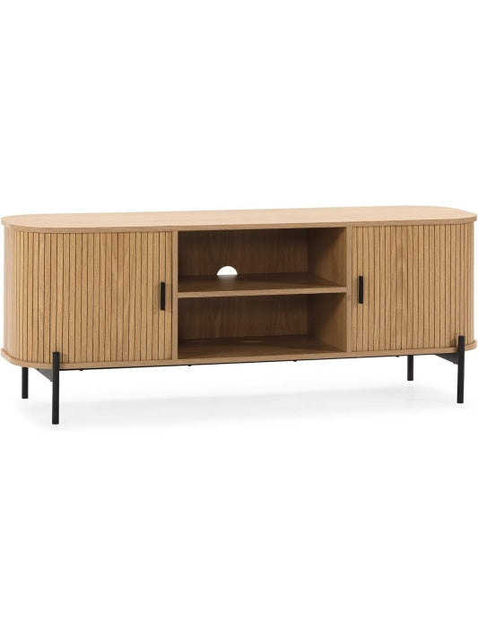 Mueble bajo para television con dos puertas y dos compartimentos abiertos en acabado roble, 140 cm