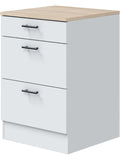 Modulo inferior de cocina con tres cajones en blanco brillo y roble Canadian, 60 x 90 x 60 cm