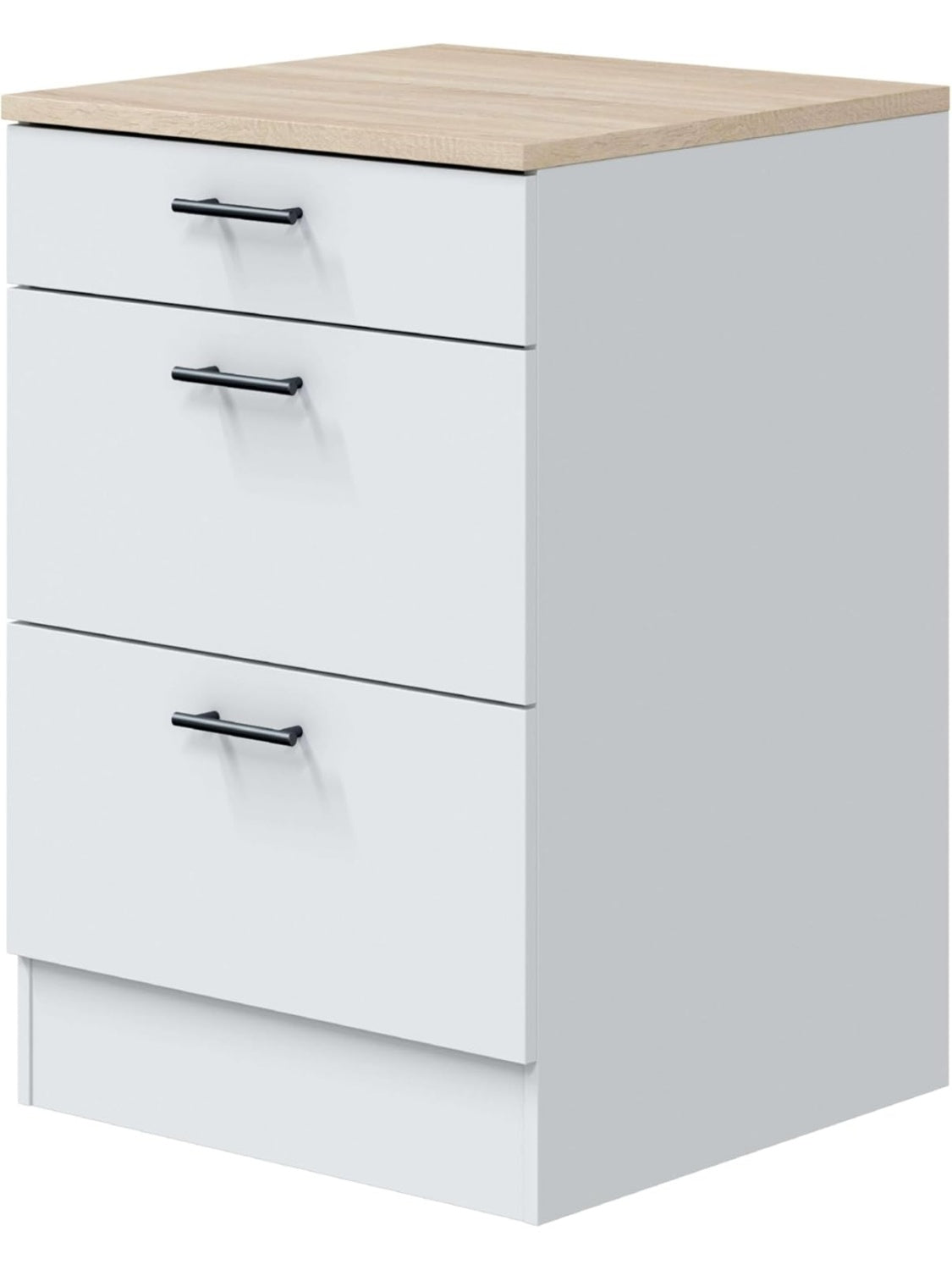 Modulo inferior de cocina con tres cajones en blanco brillo y roble Canadian, 60 x 90 x 60 cm