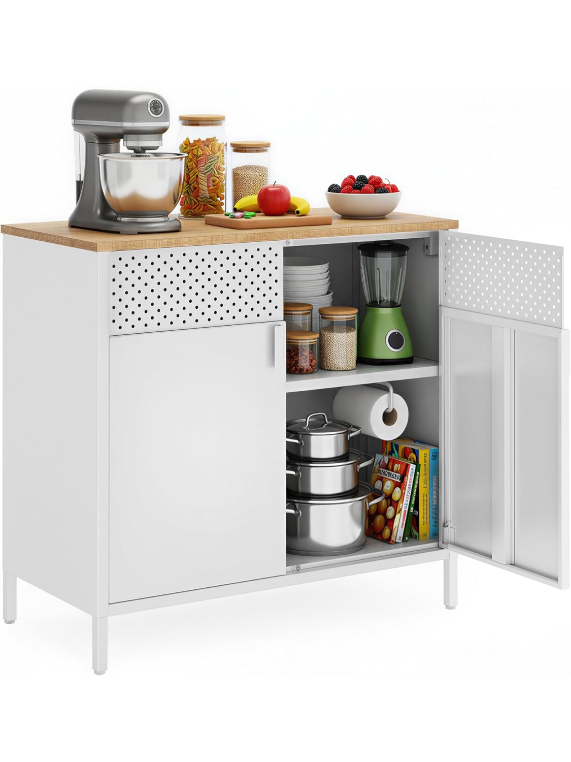 Gabinete metalico de doble puerta con balda regulable y cierre magnetico, beige y blanco