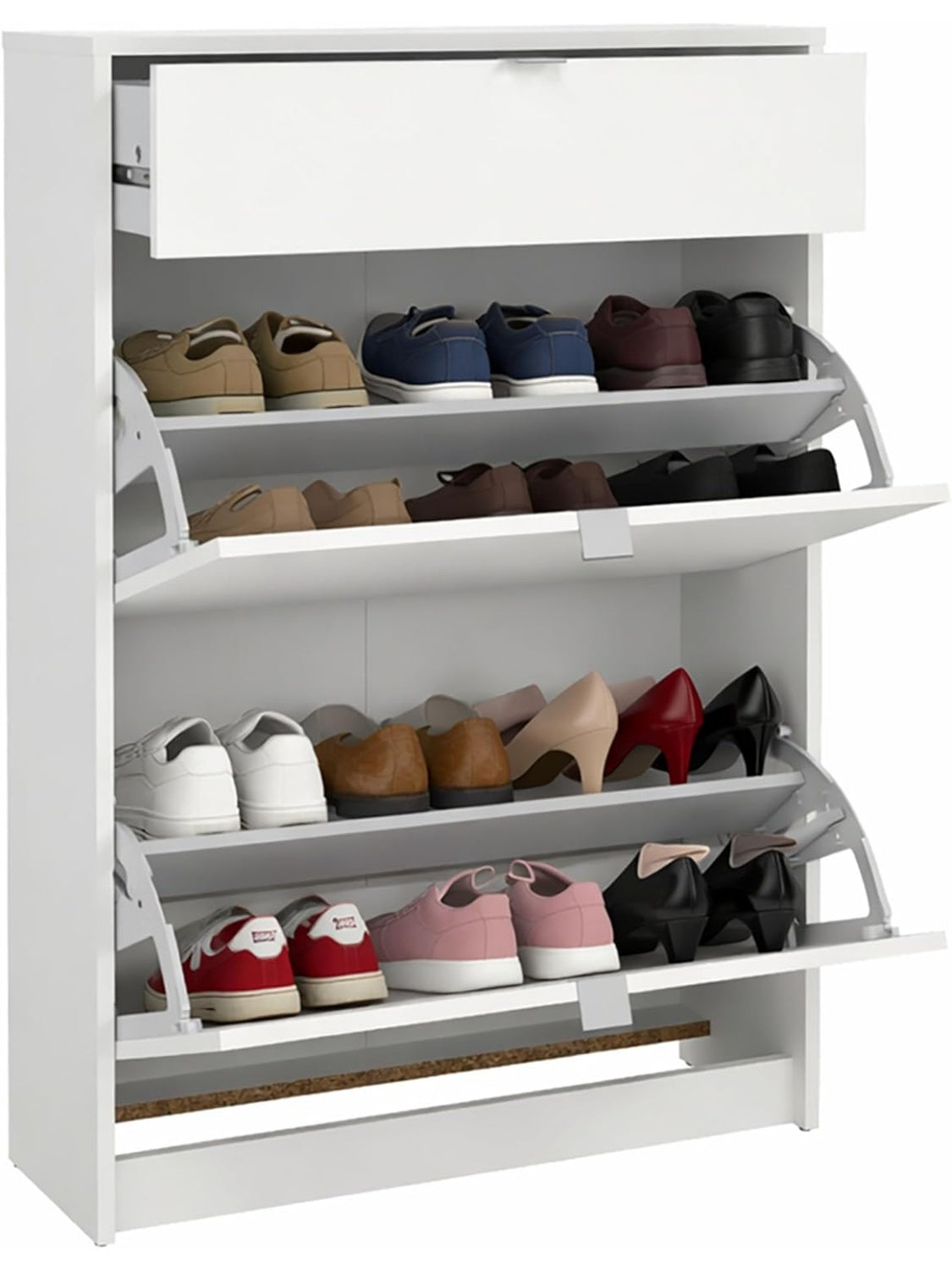 Mueble zapatero abatible con cajon superior y doble compartimento para calzado