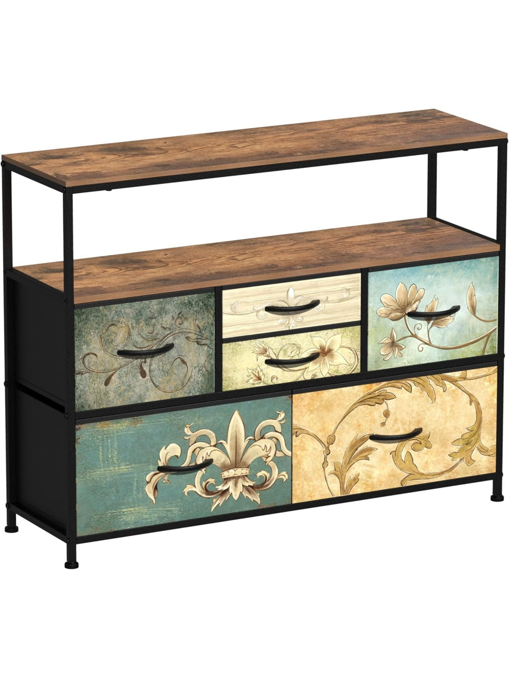 Comoda bohemia de seis cajones de tela con tablero de madera y estructura metalica, tambien apta como soporte para TV