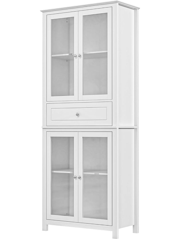 Alacena de Cocina con Puertas de Cristal Templado, Armario Buffet con Cajon y Estantes Ajustables, Diseno Clasico Blanco