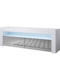 Mueble para television con iluminacion LED, dos puertas y acabado blanco gris brillante para salon moderno