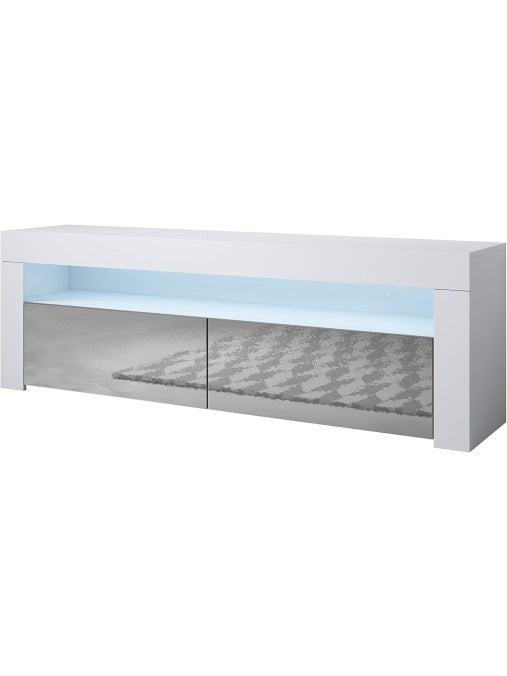Mueble para television con iluminacion LED, dos puertas y acabado blanco gris brillante para salon moderno