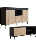Conjunto de salon con aparador y soporte para TV en negro y Sonoma de estilo contemporaneo