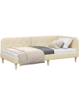 Cama Esquinera Tapizada en Tela Color Crema, Estructura para Colchon de 100 x 200 cm, Ideal para Espacios Reducidos