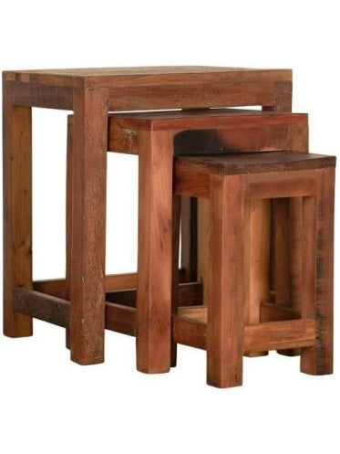 Juego de 3 Taburetes de Madera Maciza, Bancos Apilables de Estilo Rustico para Cocina o Comedor
