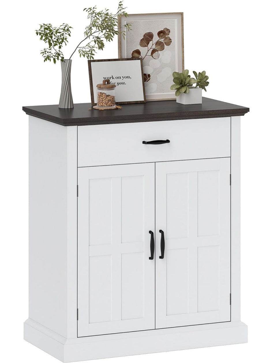 Aparador rustico de dos puertas con cajon superior y balda regulable, acabado blanco