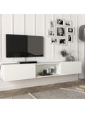 Mueble flotante para TV con dos puertas abatibles y tres compartimentos suspendidos, acabado blanco