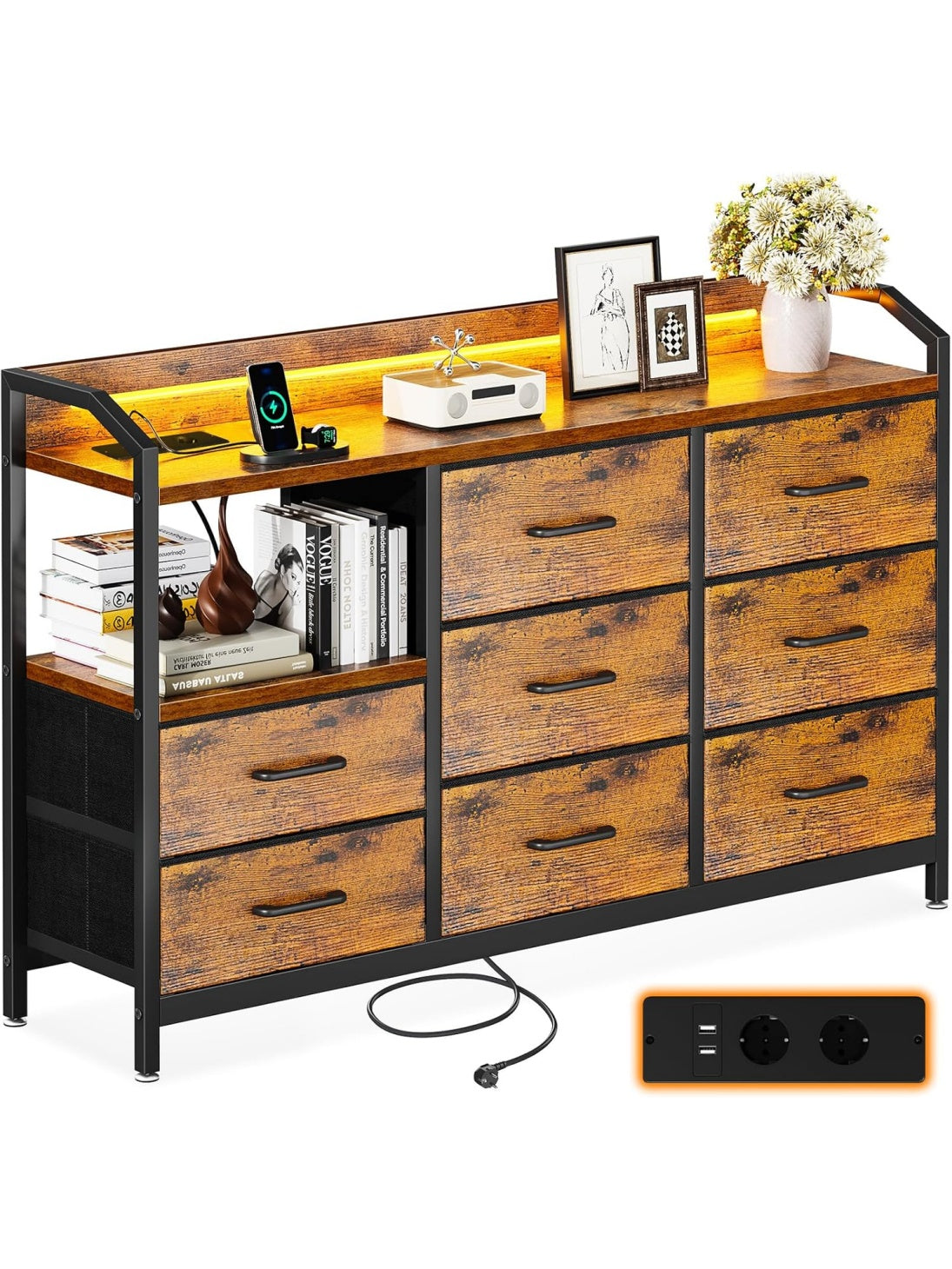 Comoda vintage con iluminacion LED regulable, ocho cajones de tela y puertos USB integrados