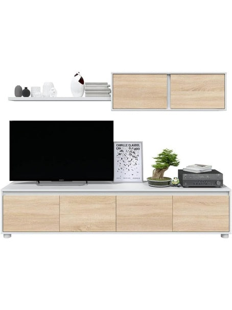Mueble Modular para Salon y Comedor con Diseno Moderno, Blanco y Roble Canadian, 200 x 43 x 41 cm
