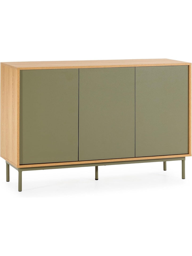 Buffet de tres puertas en combinacion roble y verde para comedor o sala de estar