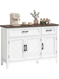 Aparador rustico con puertas de diseno Chevron, dos cajones y estantes regulables, color blanco