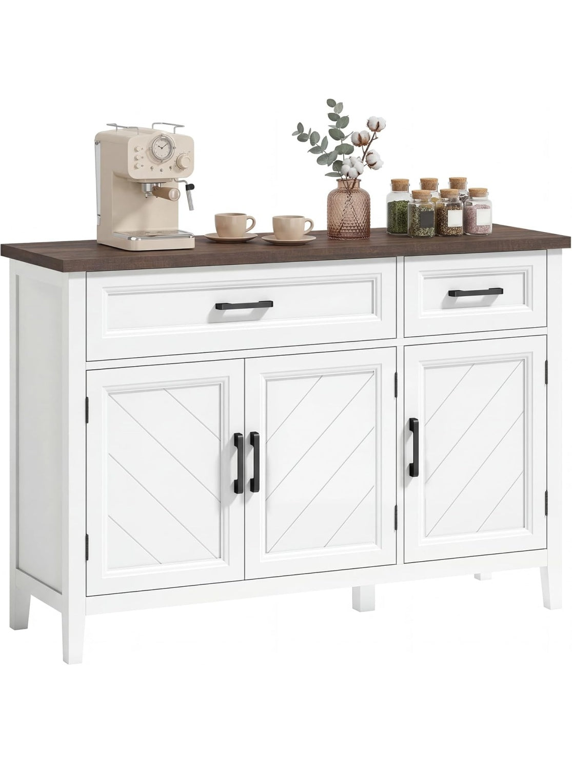 Aparador rustico con puertas de diseno Chevron, dos cajones y estantes regulables, color blanco