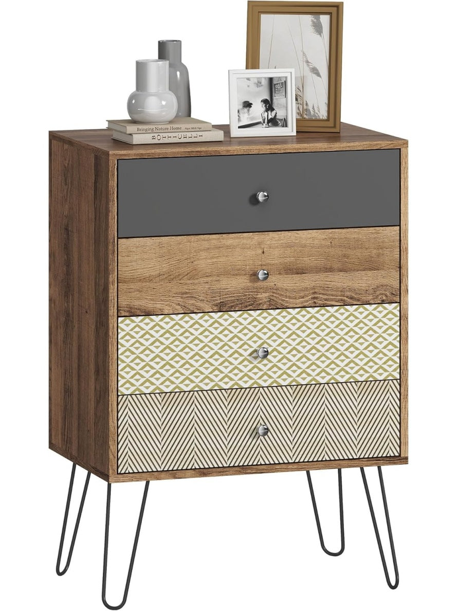 Mueble de almacenaje bohemio con 4 cajones y patas metalicas para dormitorio o salon