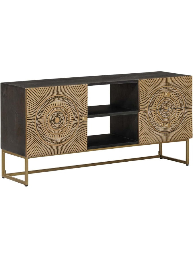 Mesa para TV de Madera de Mango con Cajon, Centro Multimedia Compacto con Estante Abierto y Detalles Laton