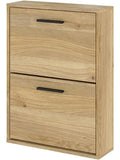 Mueble compacto para calzado de dos puertas, diseno minimalista en roble miel