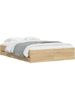Cama de 120 190 cm con Cajones Integrados, Base de Cama de Madera con Somier y Almacenaje, Roble Sonoma