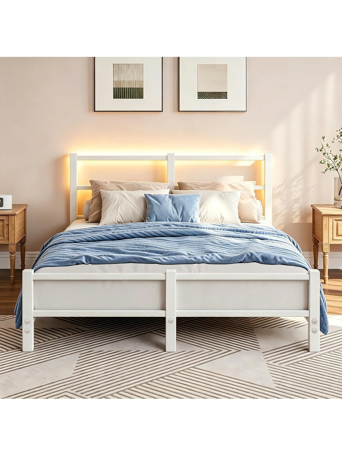 Base de cama metalica con somier de laminas, cabecero elevado y espacio inferior para almacenamiento