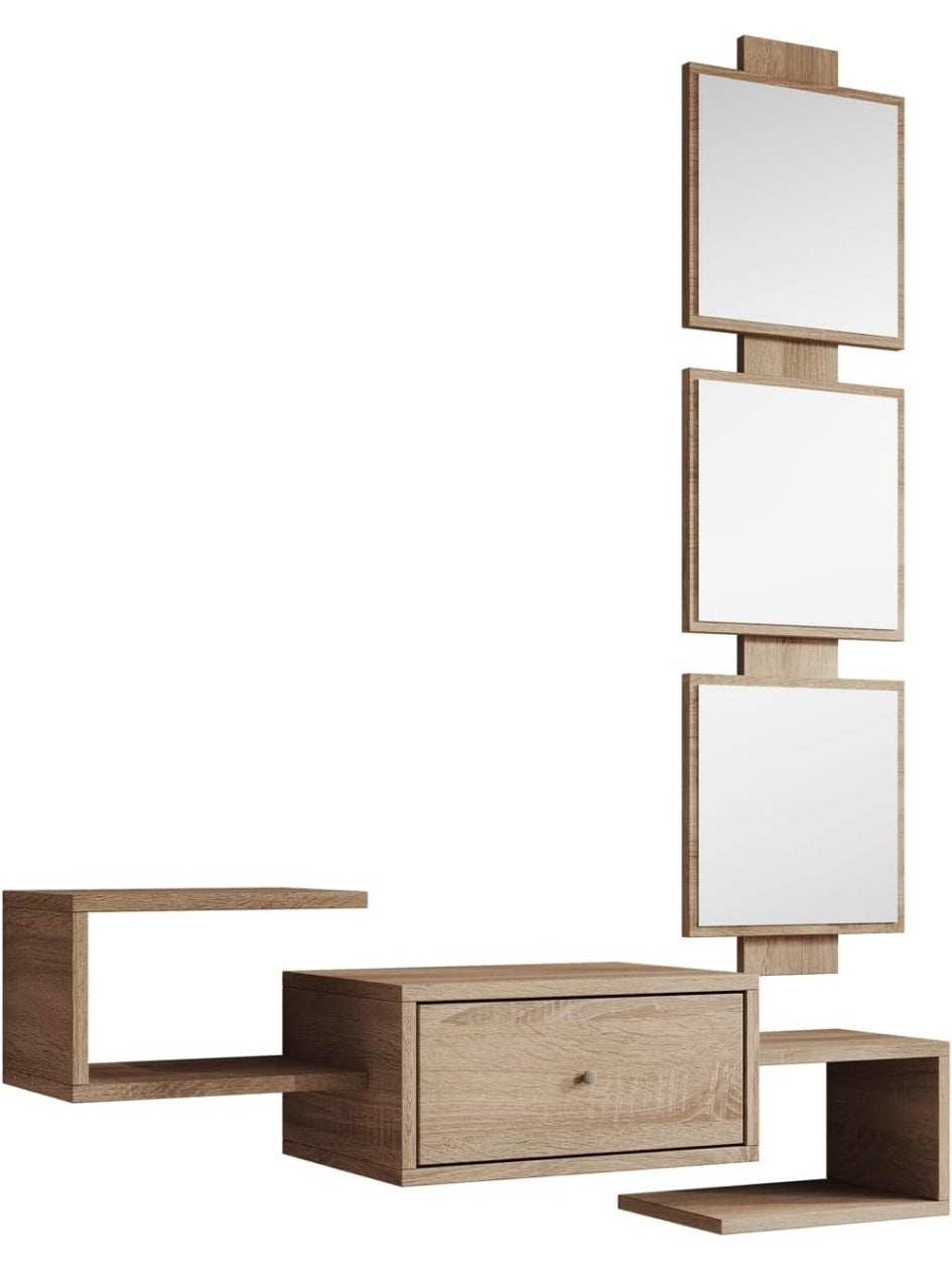 Recibidor Flotante con Espejo y Cajon, Mueble Suspendido para Entrada en Acabado Sonoma, 99 x 145 x 29 cm